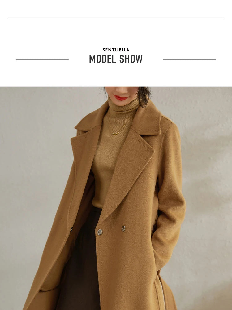 SENTUBILA Women 100% Wool Long Wrap Coat 2025 Elegant Notched Collar Belted Warm Double Faced Woolen Winter Overcoat W24O43352