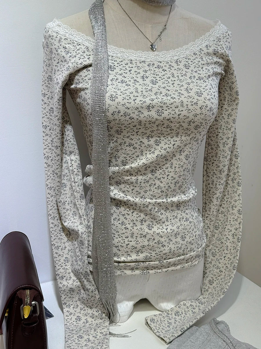 Sweet Lace Patchwork Cotton Long Sleeve Tees Women Casual Scoop Neck Slim Gray Tops Female Streetwear Vintage Y2K Chic T-shirts