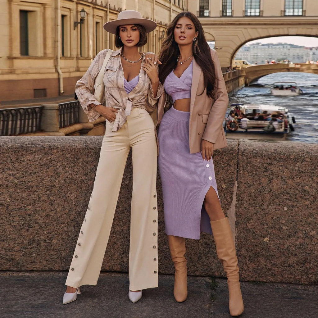 Talenza Knitted Slim Fit Slit Skirt Set 2 Piece Women's Solid Color Pullover Top Long Skirt Set Long Sleeve Women's Suit Skirt