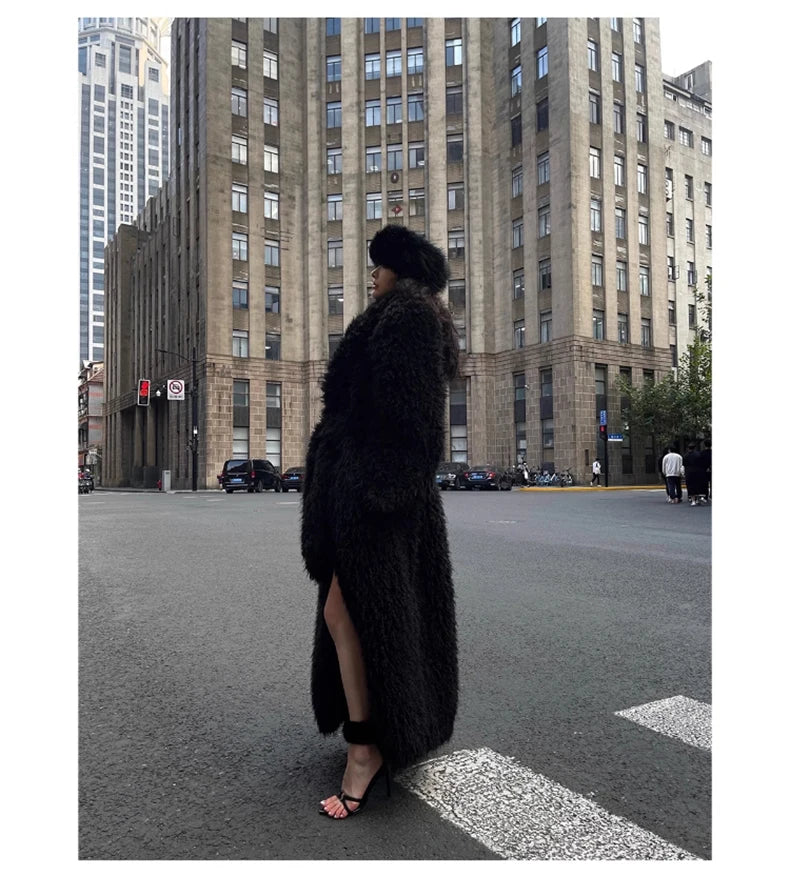 Lautaro Winter Extra Long Soft Thick Warm Fluffy Black Fuzzy Shaggy Hairy Faux Fur Coat Women Sashes Luxury Furry Overcoat 2023