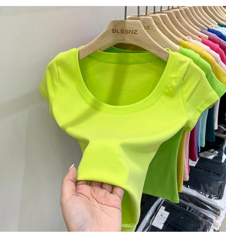 2025 Sexy Square Collar Slim T Shirt Women Cotton Elastic Basic Solid Female Casual Tops Short Sleeve Thin T-shirts See Through