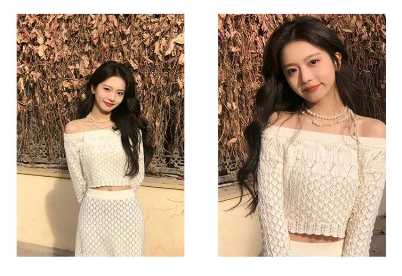 Women's Knitted Sweater Skirt Two-Piece Suit New Sexy Hollow Off-Neck Long Sleeve Sweater Skirt Suit