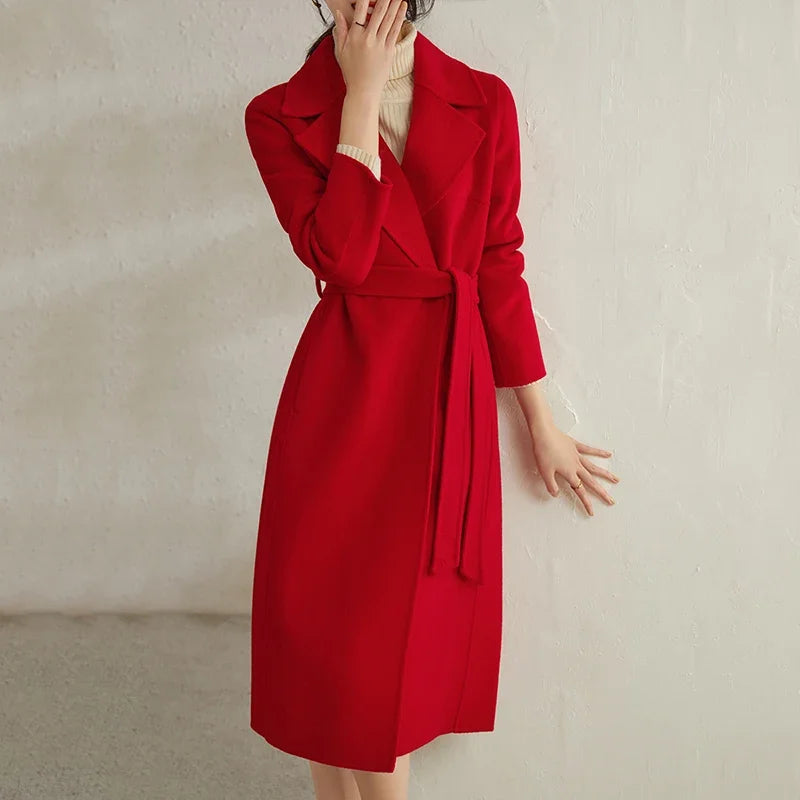 SENTUBILA Women 100% Wool Long Wrap Coat 2025 Elegant Notched Collar Belted Warm Double Faced Woolen Winter Overcoat W24O43352