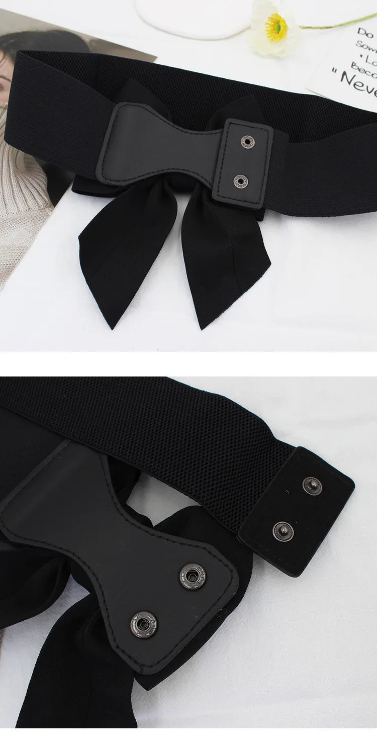 New Fashion Elegant Large Bow Elastic Belts for Women Wide Side Belt Dress Female Jeans Waistband Trouser Accessory