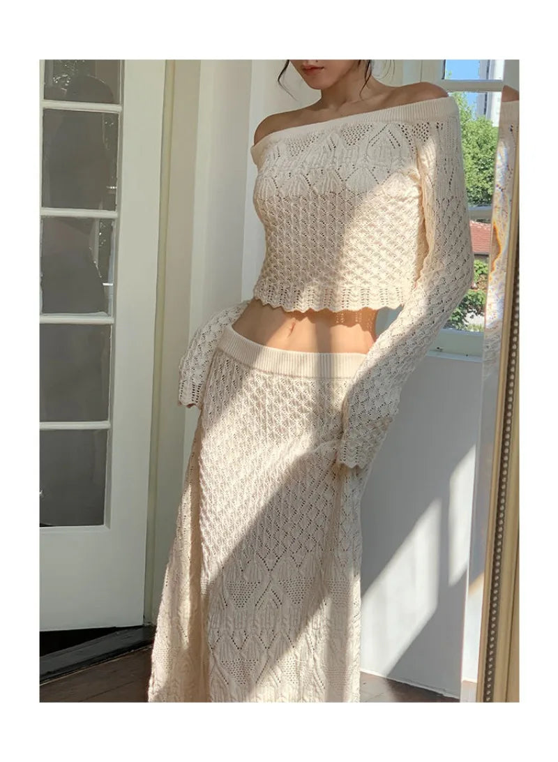 Women's Knitted Sweater Skirt Two-Piece Suit New Sexy Hollow Off-Neck Long Sleeve Sweater Skirt Suit