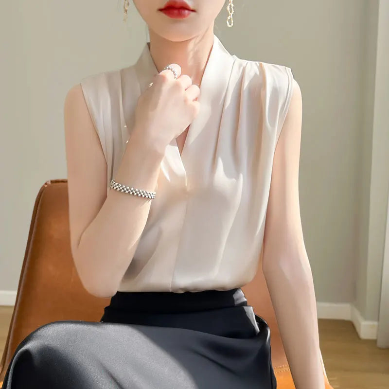 Womens Tops Blouses Solid Color White Satin Blouse Office Shirt Blusas Sleeveless Women Shirts Black White Female YTM A31