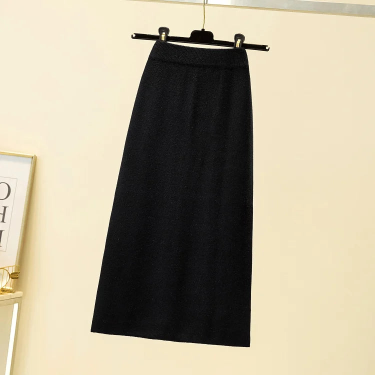 2025 Black Knitting Skirt Woman High Waist Elegant Long Skirts For Women Fashion Autumn Winter Skirt Office Women's Skirts