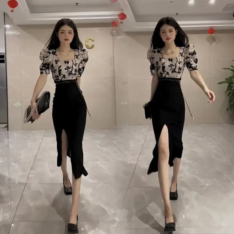 Skirt Suits Women's Two Piece Set Short Sleeve Long Maxi Sexy Female Outfits Slit Party Jacket Vacation 2025 Top and Bottom Full
