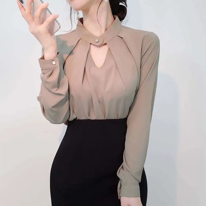 Solid Blouses Women Chiffon Shirts Long Sleeve Slim Hollow Sexy All-match Basic Spring Summer Tops Thin Chic Elegant Female Ins