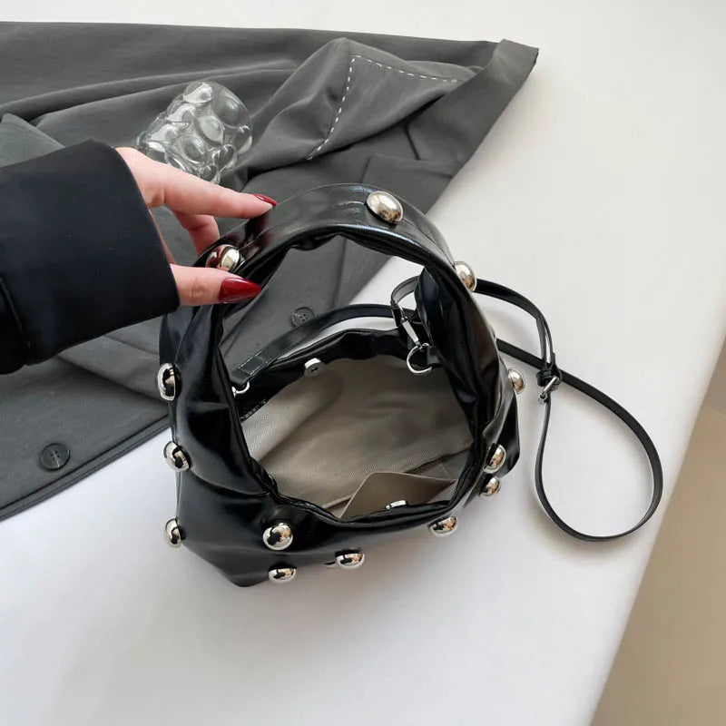 Black Half Moon Underarm Bag For Women Luxury Studded Beading Handbags Red Purse Solid Color Pu Leather Shoulder Crossbody Bags