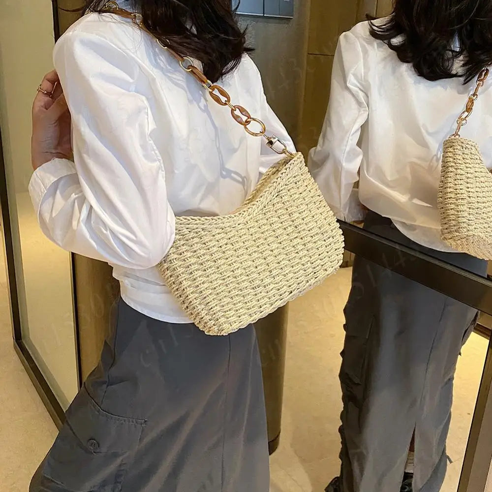 Straw Purse for Women with Chain Woven Shoulder Bag Zipper Underarm Bag Large Capacity Clutch Purse for Travel Vacation