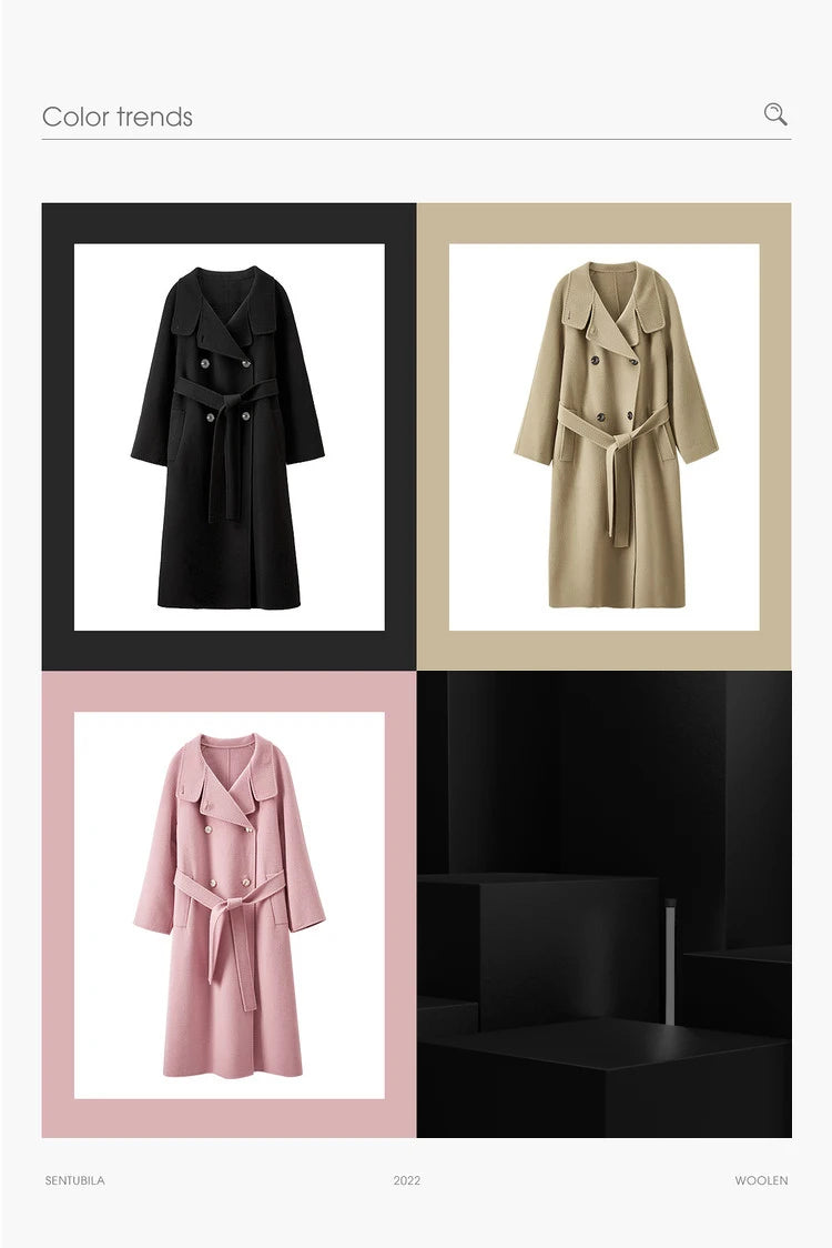 SENTUBILA Women's Long Woolen Overcoats 2025 Winter Outerwear Elegant Turtleneck Warm Double Breasted Belt Wrap Coat W24O42064