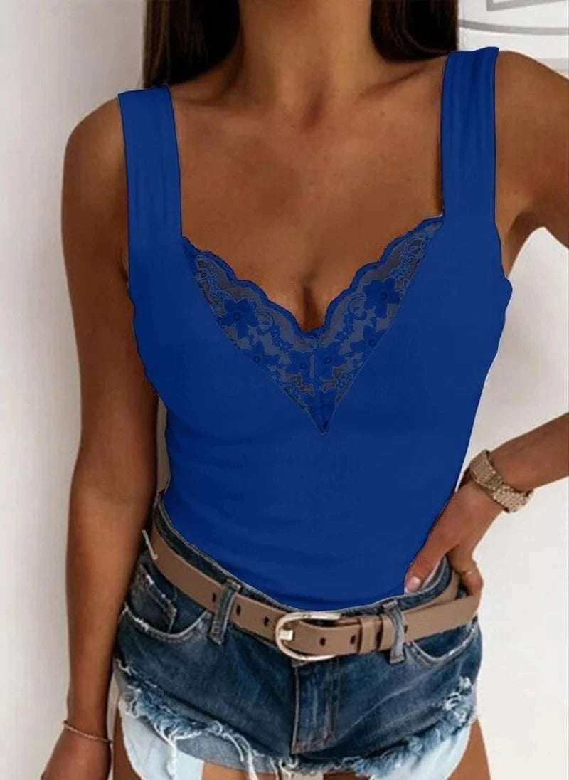 Sexy Lace Tank Tops Women V-Neck Top T-Shirt For Women Casual Hollow Out Basic Camisole Female Perspective Tanks Sleeveless