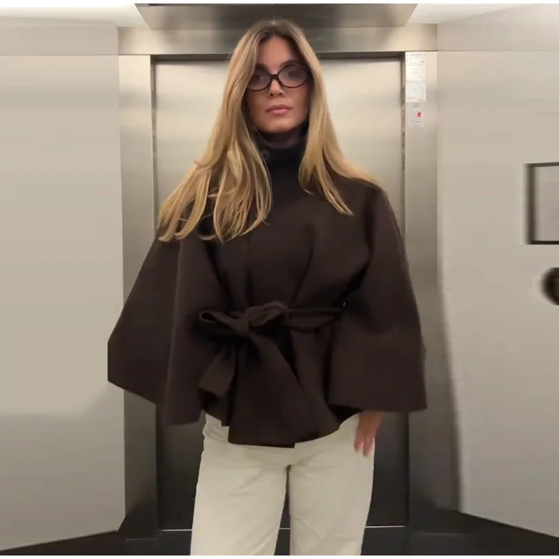 Elegant Lace Up Loose Fit Cape Coat Women's Autumn Winter Oversized High Neck Belted Wrap Jacket Fashion Warm Outerwear Outfit