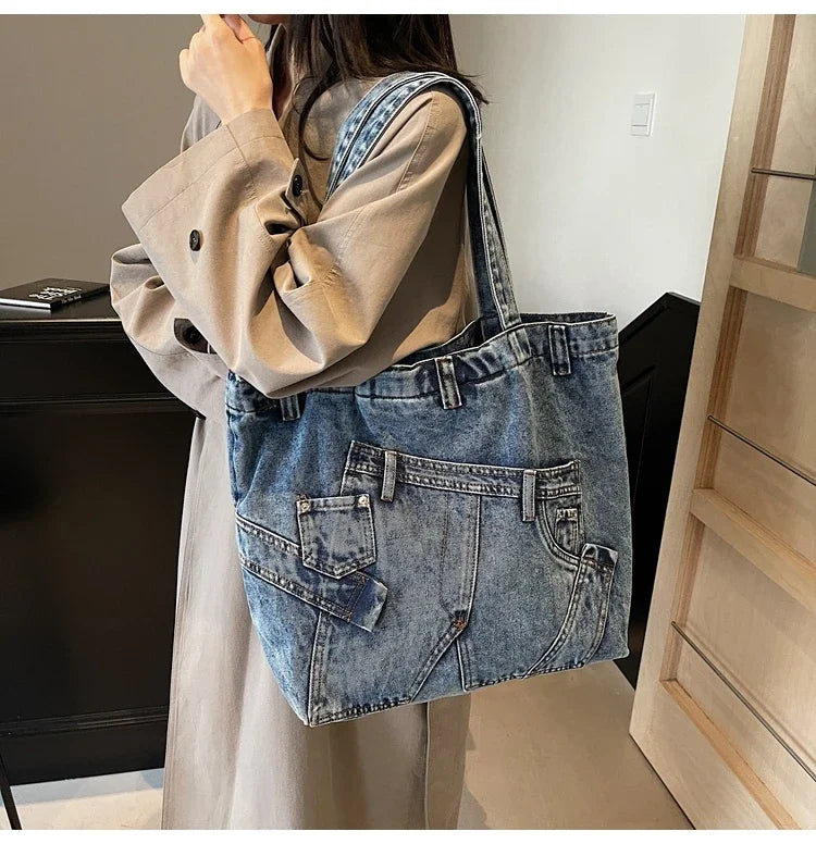 2025 Spring New Hot Sale Denim Tote Bags Solid Large Capacity Personality Retro Durable Commute Style Shoulder Bags for Women