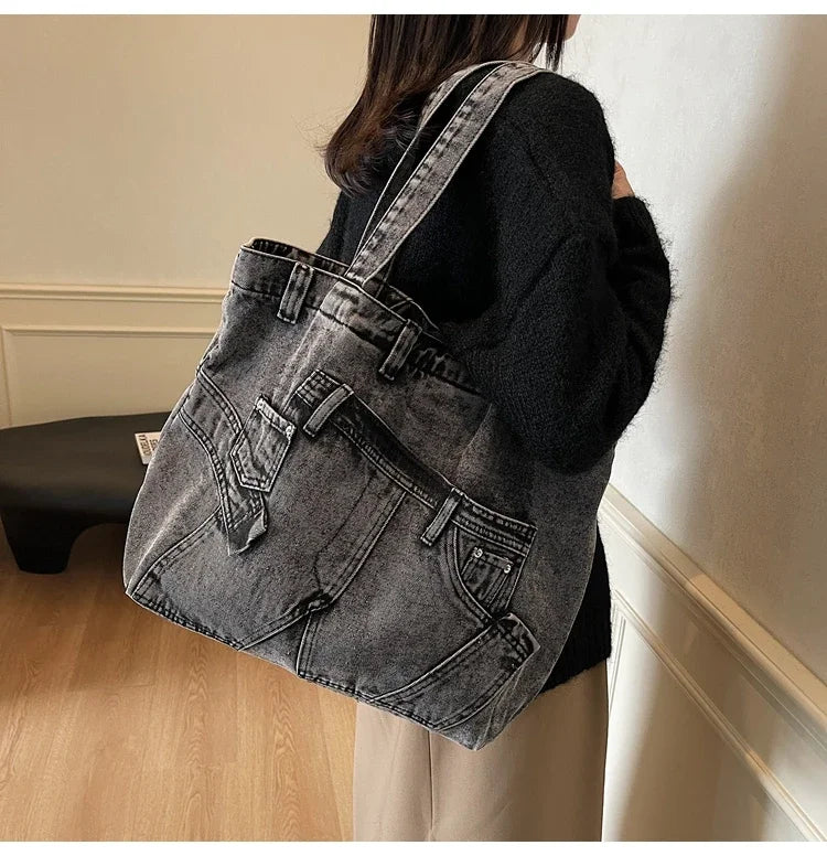 2025 Spring New Hot Sale Denim Tote Bags Solid Large Capacity Personality Retro Durable Commute Style Shoulder Bags for Women