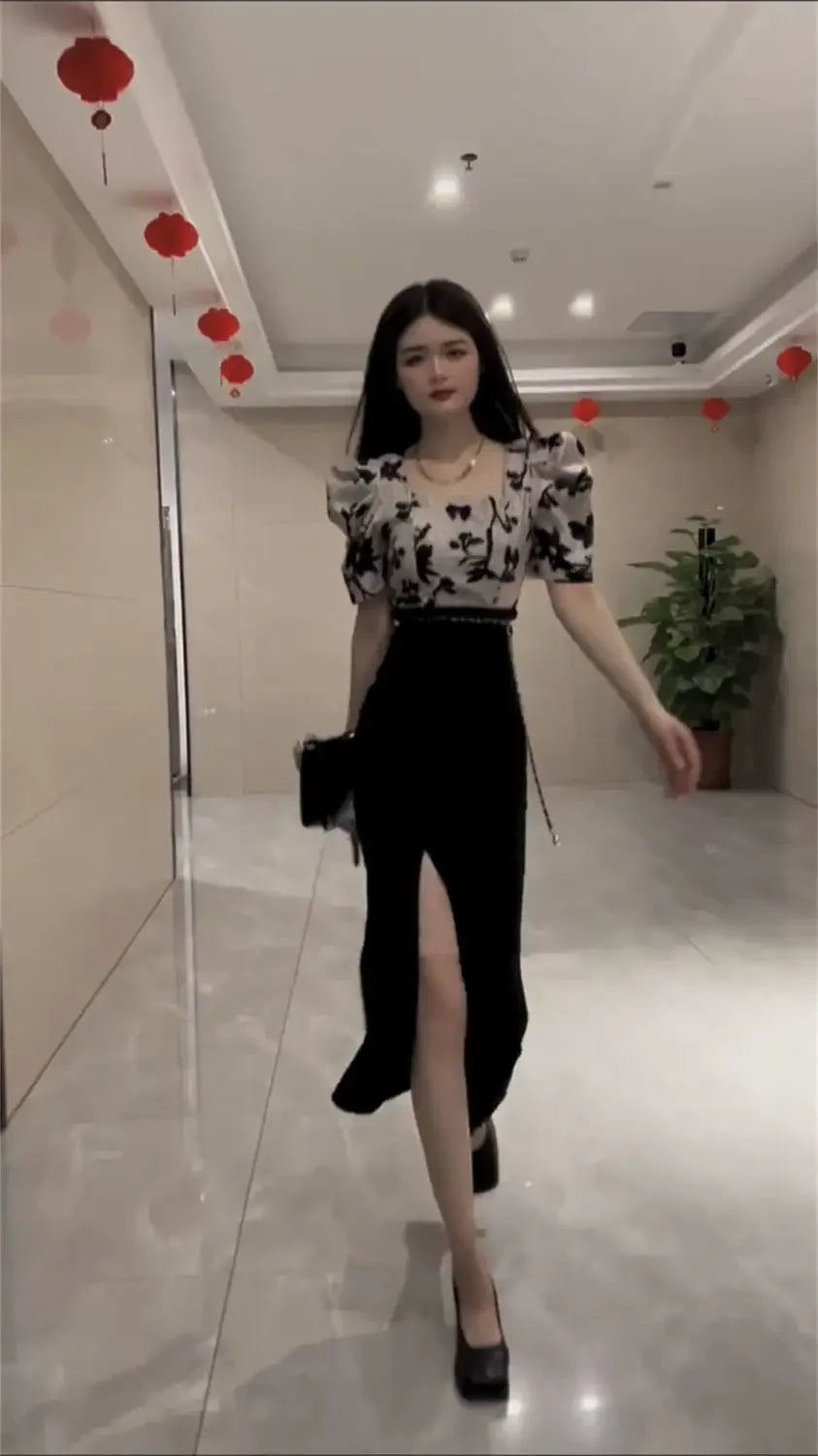 Skirt Suits Women's Two Piece Set Short Sleeve Long Maxi Sexy Female Outfits Slit Party Jacket Vacation 2025 Top and Bottom Full