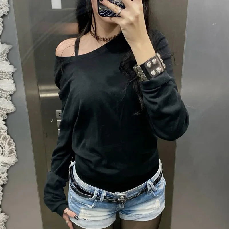 Women Loose Fit T-shirt Long Sleeve Skew Neck Solid Ladies Fall Pullovers Tops Fashion Streetwear for Casual Daily Female Tees