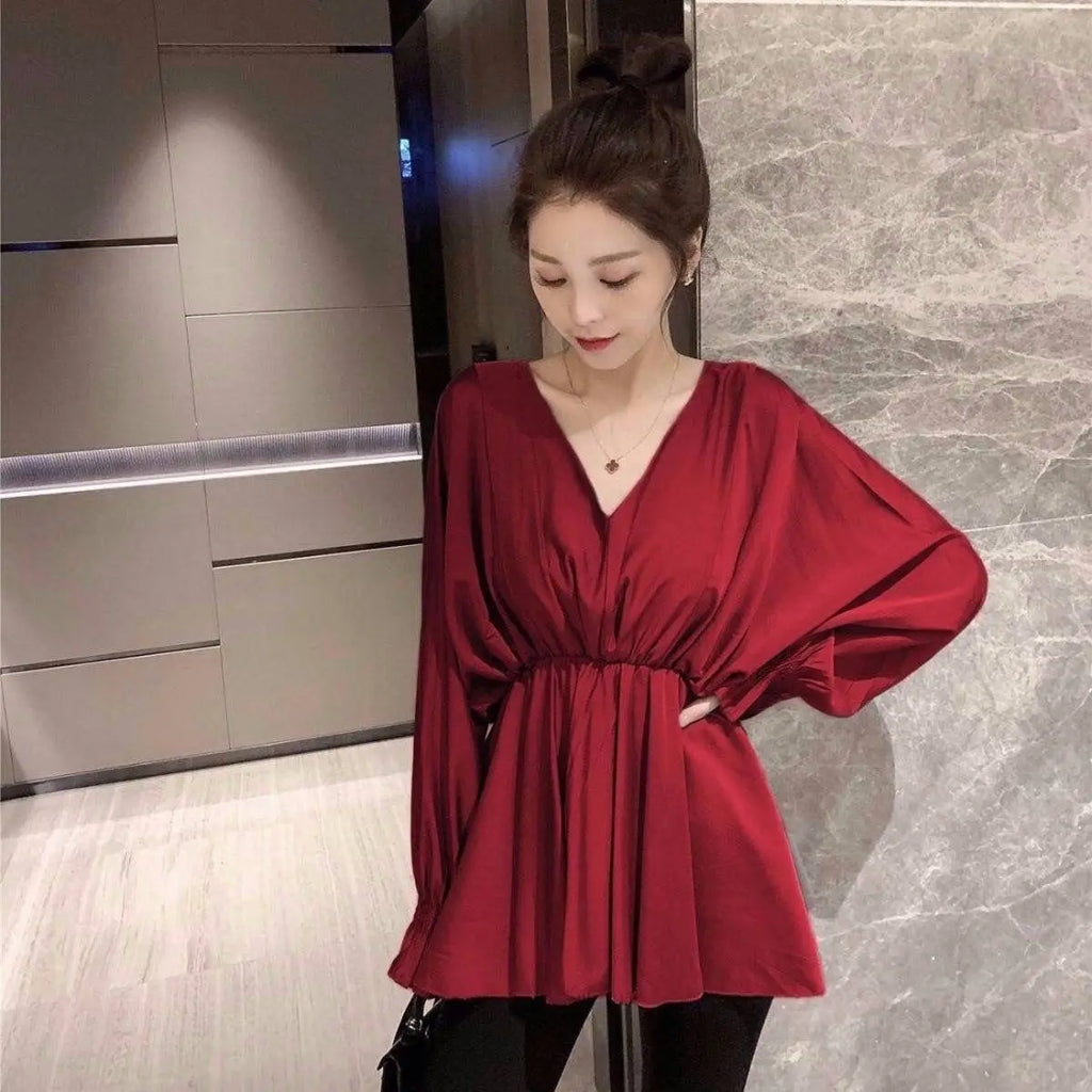 Blouse For Women Oversized Tops Long Sleeve V-neck Chiffon Slim Waist Shirts 2025 Blusas Mujer De Moda Folds Chic Summer Blouses