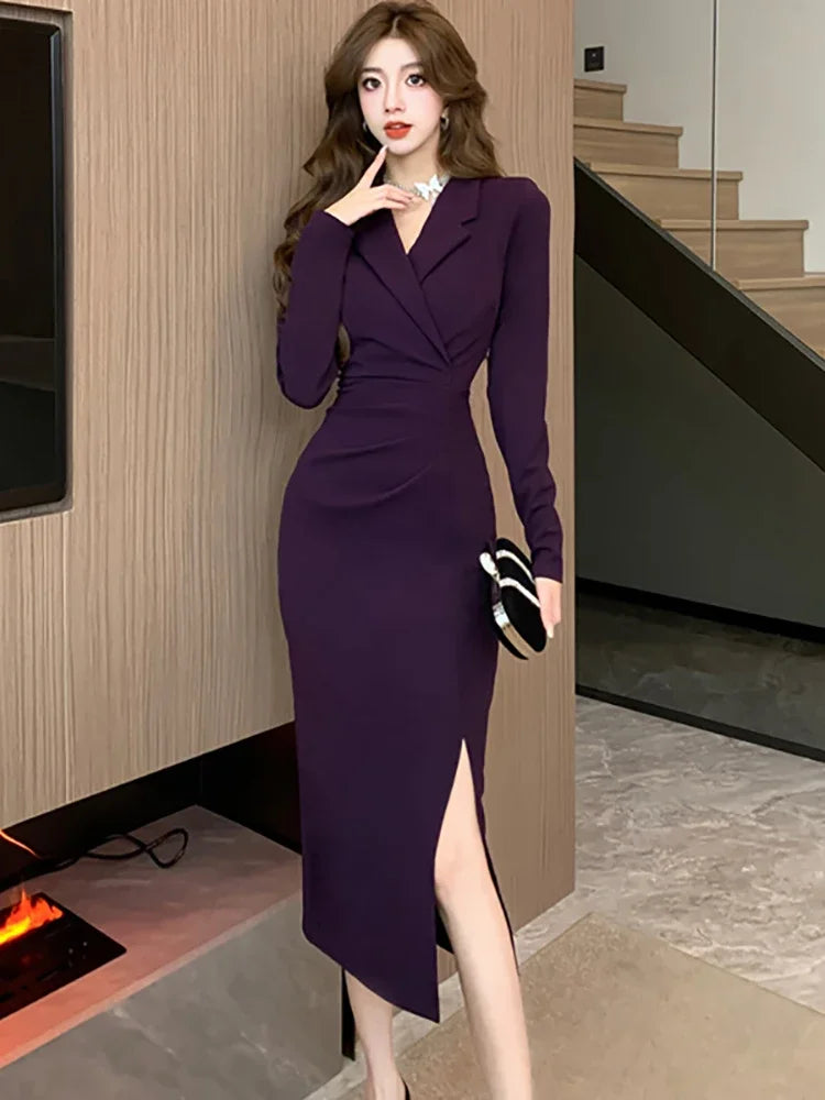Purpled Elegant Pleated Bodycon Suit Dress for Women 2025 Korean Fashion Formal Dress Autumn Winter Chic Bespoke Occasion Dress