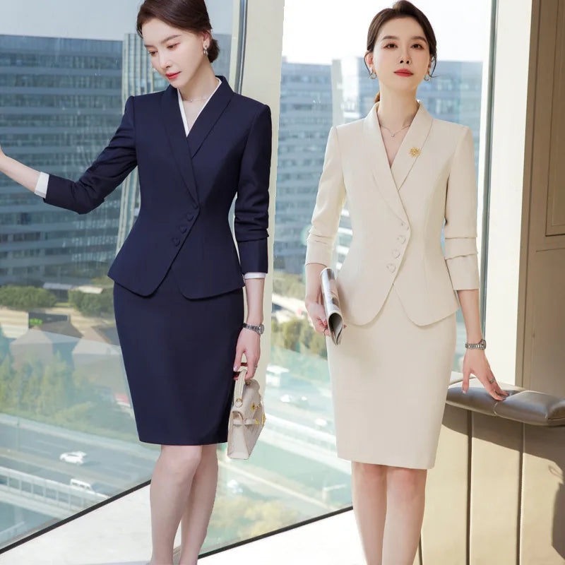 New Skirt Sets Long Sleeve Blazer Skinny Skirt 2 Piece Formal Women's Suit Sets for Business Navy Blue Apricot Work Uniform