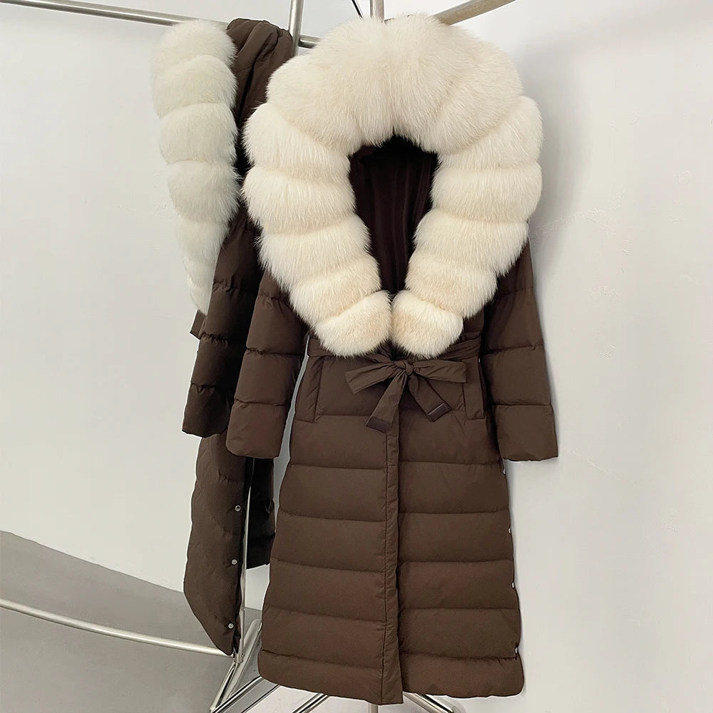 OFTBUY Large Real Fox Fur Collar X-Long Puffer Jacket Women Hooded Winter White Duck Down Coat Thick Female Parkas With Belt