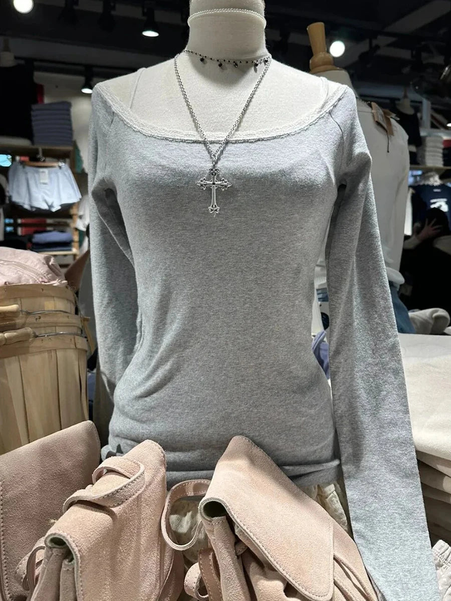 Sweet Lace Patchwork Cotton Long Sleeve Tees Women Casual Scoop Neck Slim Gray Tops Female Streetwear Vintage Y2K Chic T-shirts