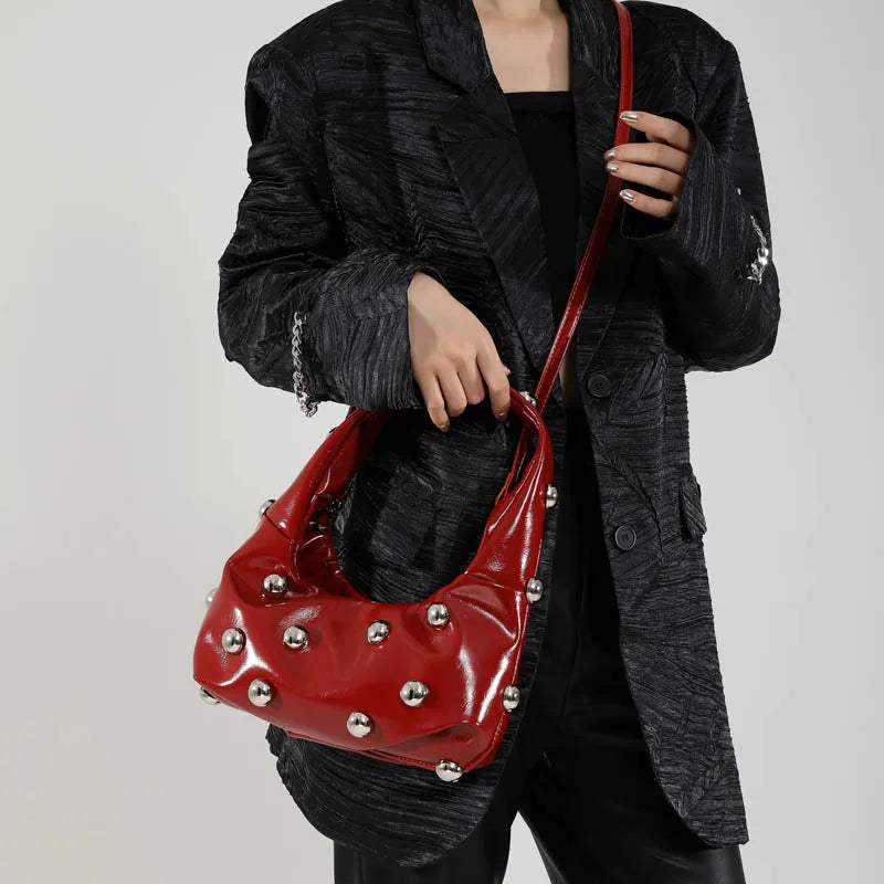 Black Half Moon Underarm Bag For Women Luxury Studded Beading Handbags Red Purse Solid Color Pu Leather Shoulder Crossbody Bags