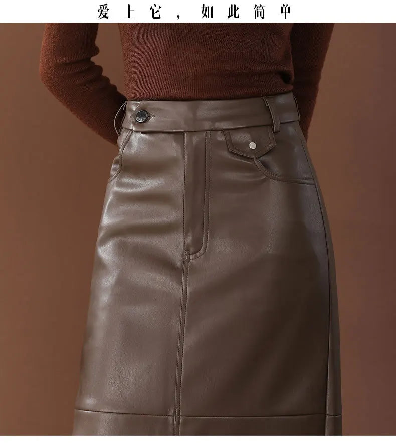 PU Leather Skirt Women's Autumn 2025 New High Waist Hip Skirt Medium and Long Straight Split One-step Skirt