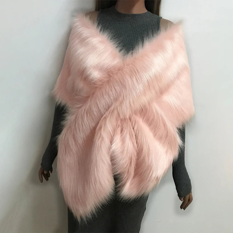 Women Fancy Bridal Wedding Shawl Cape Elegant Winter Warm Faux Fur Long Shawl Stole Wrap Scarf For Evening Party Decor Accessory