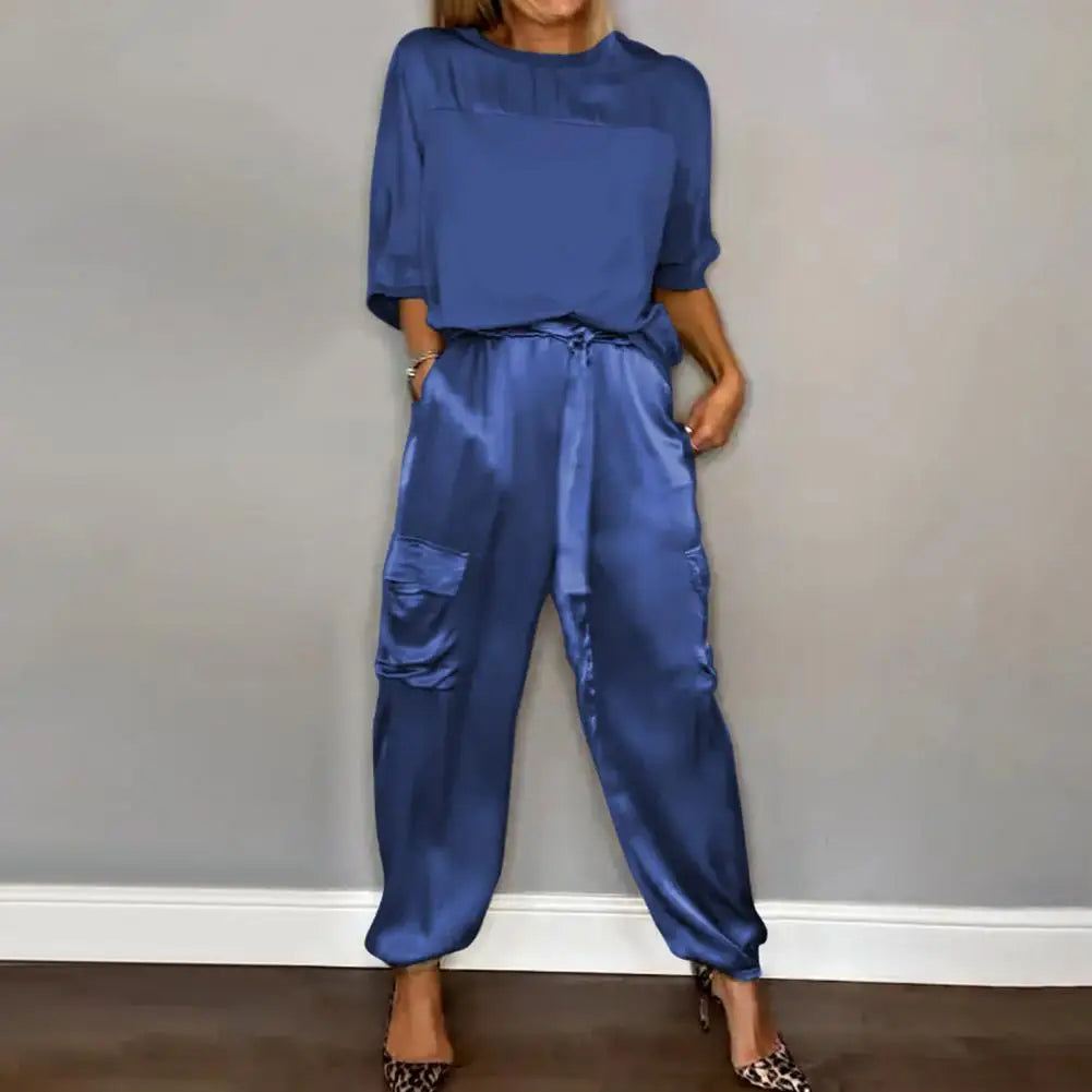 2 Pcs/Set Women Top Pants Set O Neck Satin Three Quarter Sleeves Loose Blouse Trousers Set Lace-up Waist Soft Casual Solid Color