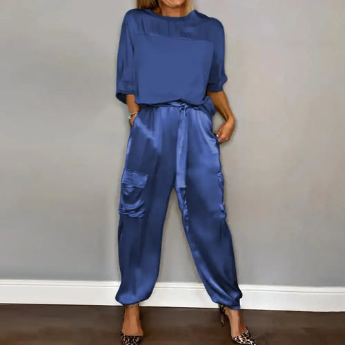 2 Pcs/Set Women Top Pants Set O Neck Satin Three Quarter Sleeves Loose Blouse Trousers Set Lace-up Waist Soft Casual Solid Color