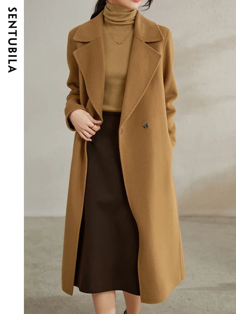 SENTUBILA Women 100% Wool Long Wrap Coat 2025 Elegant Notched Collar Belted Warm Double Faced Woolen Winter Overcoat W24O43352