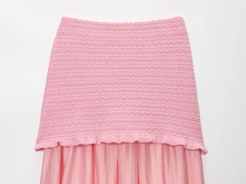 MUJER Pink Knit Skirt Set 2 Piece Woman Pleated Long Skirts for Women off Shoulder Ruffle Top Women's Skirts Set Summer Outfit