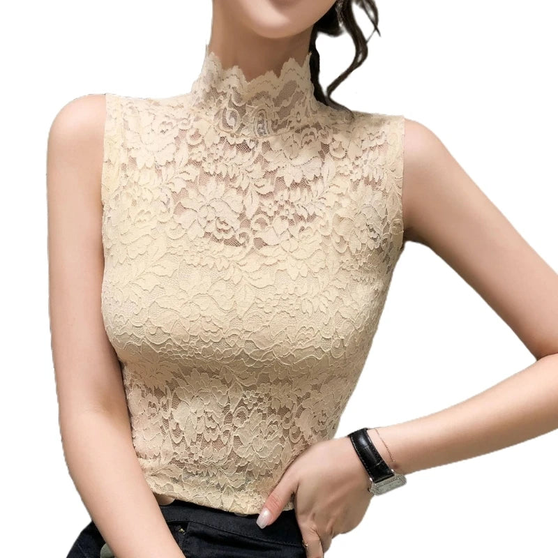 Women Lace Tunic for Tank Bottoming Tops Sleeveless High Turtleneck Fitted for Tank Top Sleeveless Mock Dropship