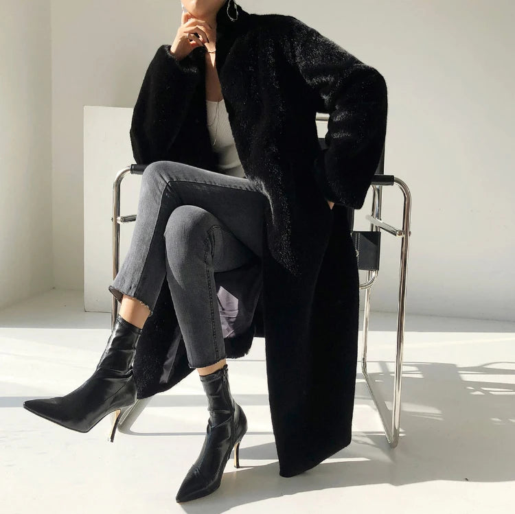 Lautaro Winter Long Black Luxury Elegant Stylish Thick Warm Fluffy Hairy Soft Faux Mink Fur Coat Women Stand Collar Sashes 2023