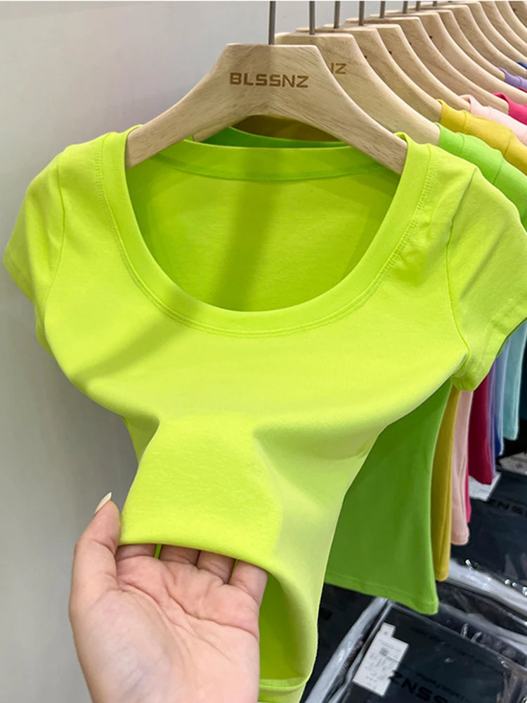 2025 Sexy Square Collar Slim T Shirt Women Cotton Elastic Basic Solid Female Casual Tops Short Sleeve Thin T-shirts See Through
