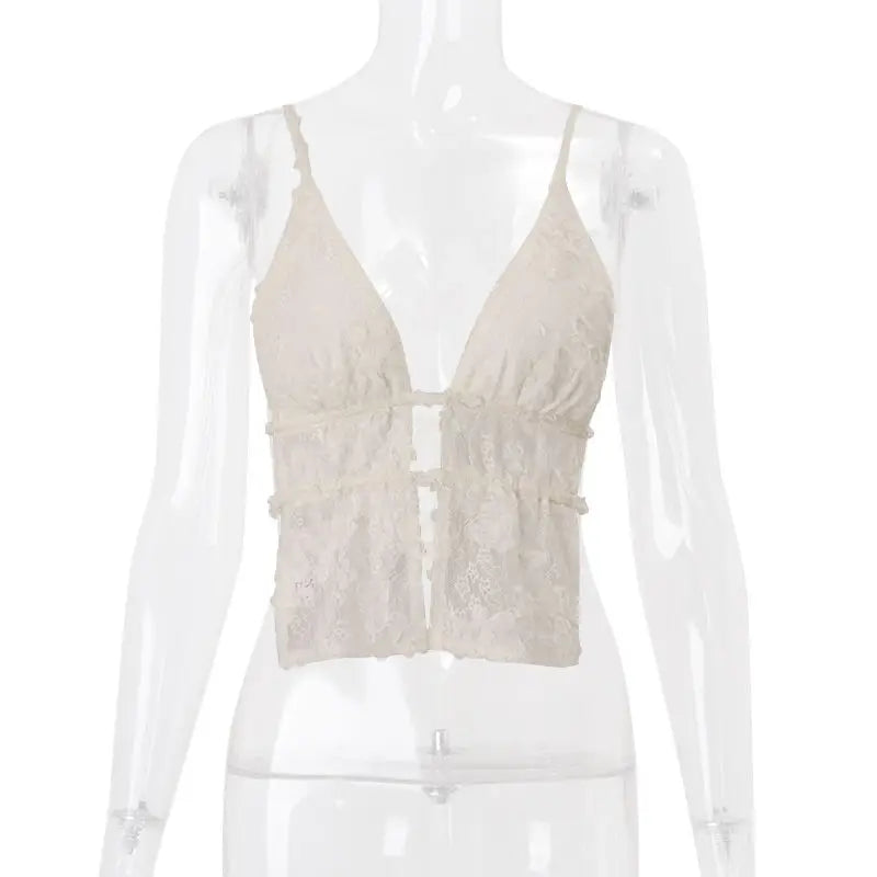 Women Lace Spaghetti Strap Deep V Neck Sexy Cami Top Backless Sheer Crop Tank Summer Chic Transparent Bralette Top 2025 New