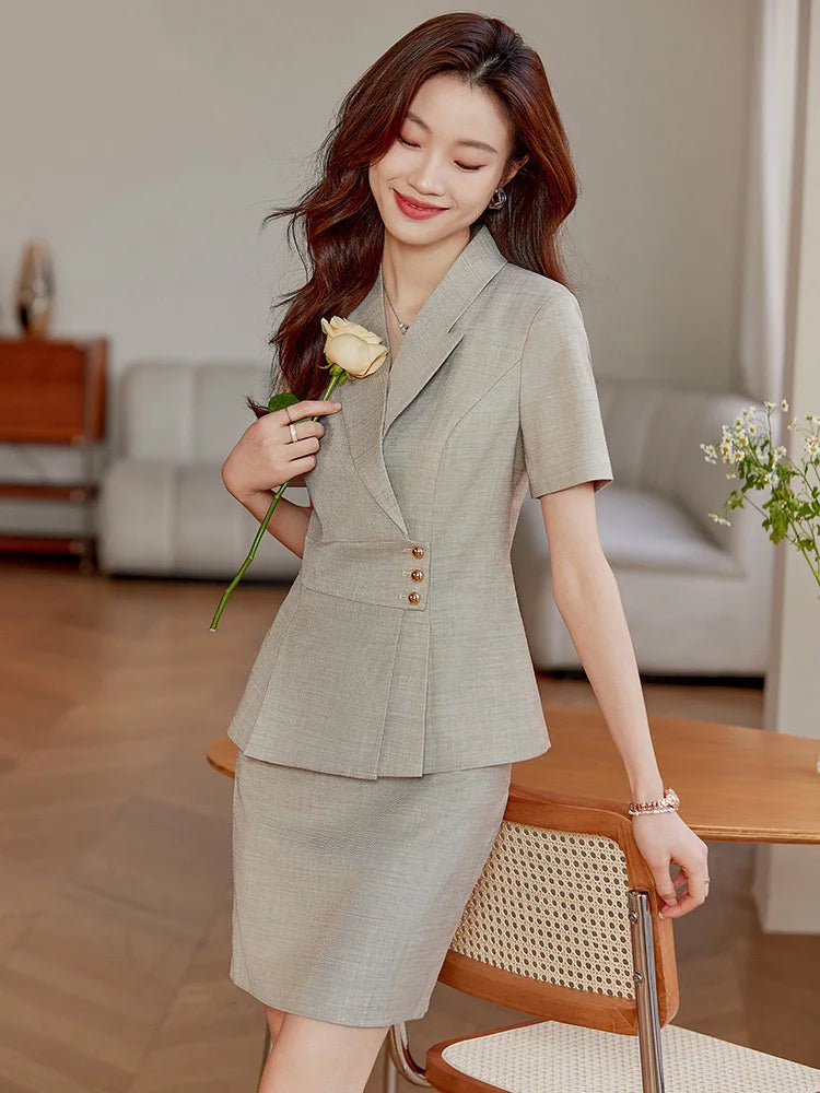High End Office Ladies Formal Skirts Suits Women Summer 2024 New Korean Fashion Solid Long Sleeve Blazer Trousers 2 Piece Set