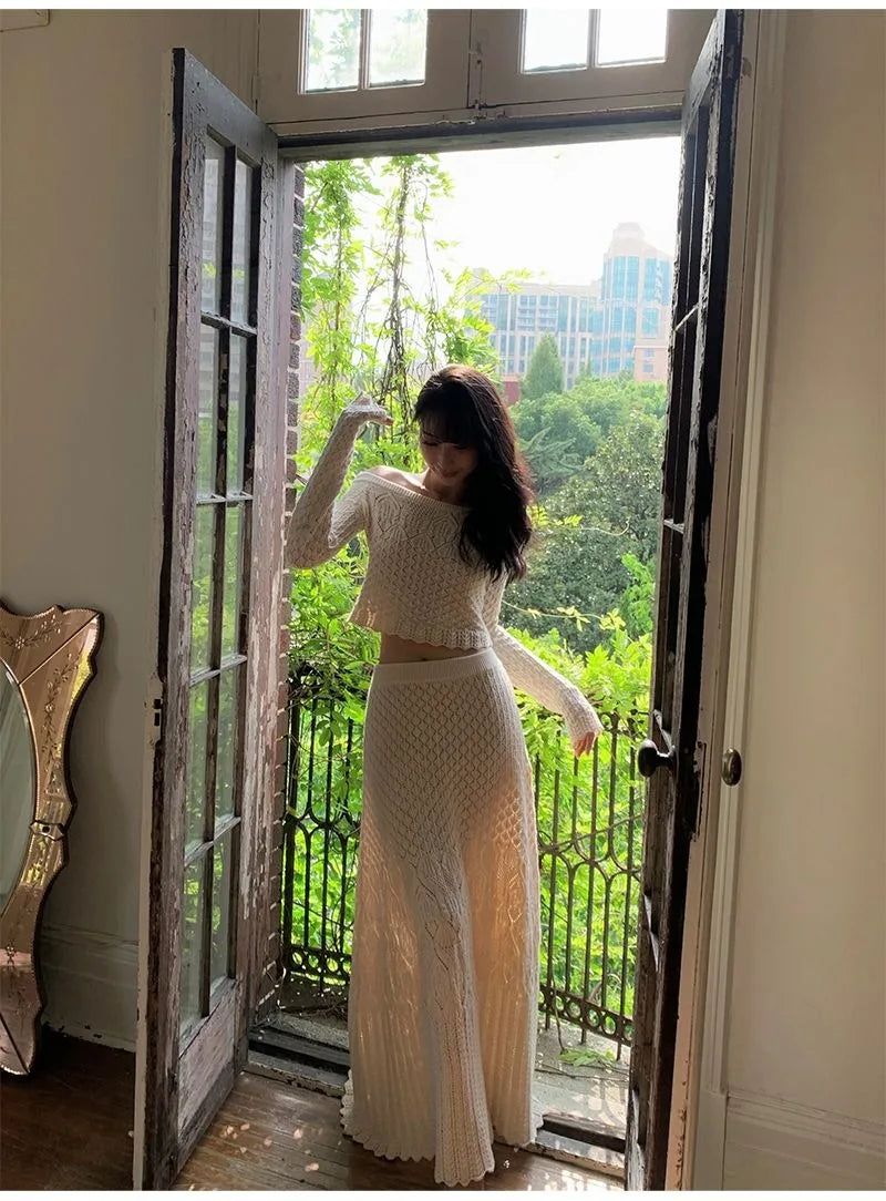 Women's Knitted Sweater Skirt Two-Piece Suit New Sexy Hollow Off-Neck Long Sleeve Sweater Skirt Suit