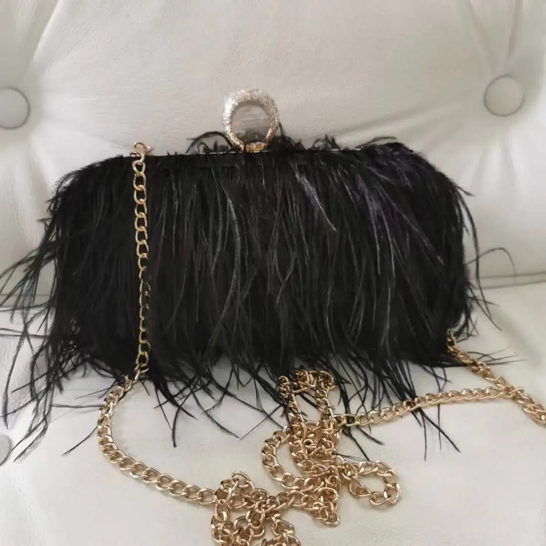 Multicolored Ostrich Feather Purse Clutch Bag Evening Hand Purse With Knuckle Ring Purple/Pink/White/Black Purse