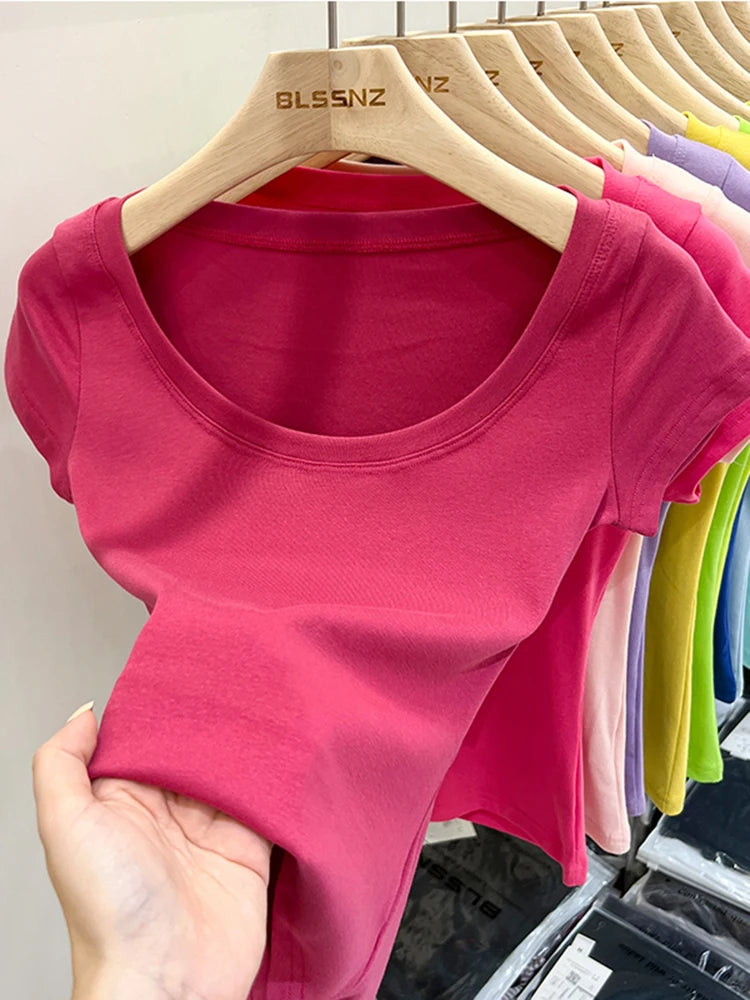 2025 Sexy Square Collar Slim T Shirt Women Cotton Elastic Basic Solid Female Casual Tops Short Sleeve Thin T-shirts See Through