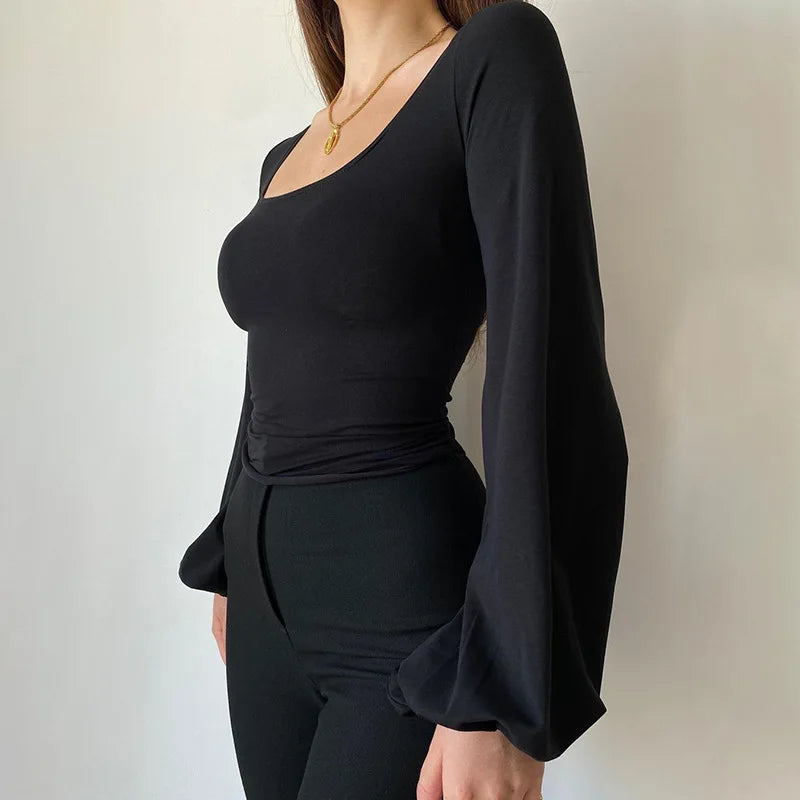 Black elegant blouse for women casual top all-match lantern long sleeve shirt 2024 new square collar slim solid T-shirt