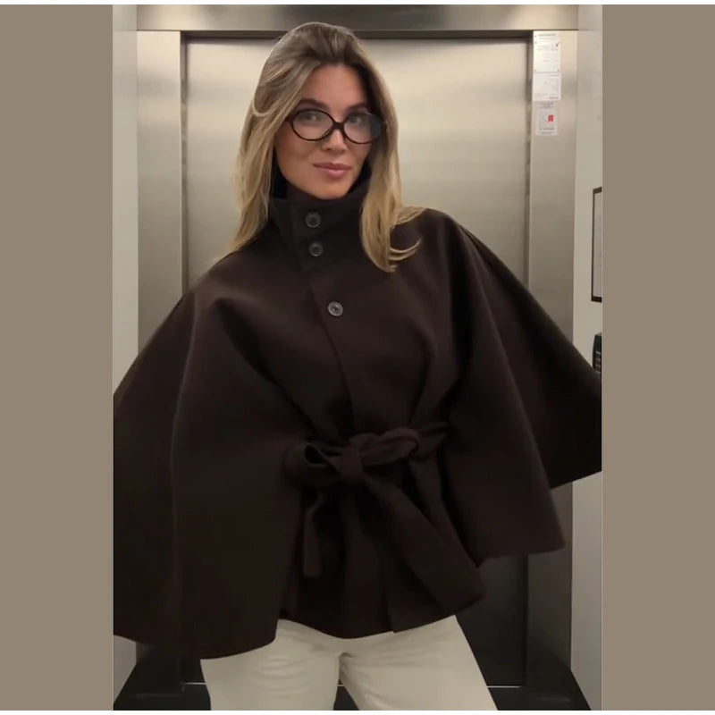 Elegant Lace Up Loose Fit Cape Coat Women's Autumn Winter Oversized High Neck Belted Wrap Jacket Fashion Warm Outerwear Outfit