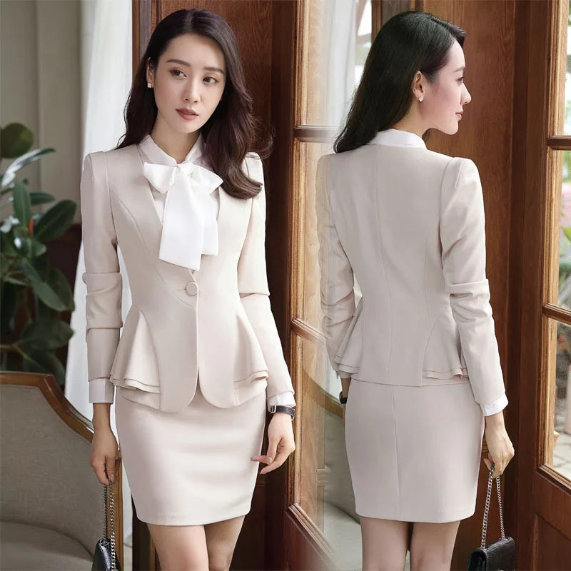 Slim 2 Piece Blazer and Skirt 2024 Spring Autumn New Fashion Office Ladies Ruffle Hem Single Button Blazers Solid Skirt Suits