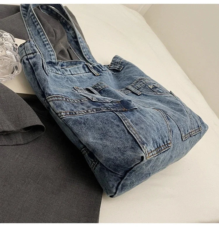 2025 Spring New Hot Sale Denim Tote Bags Solid Large Capacity Personality Retro Durable Commute Style Shoulder Bags for Women