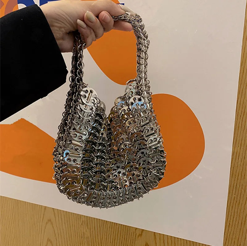 Women's Bag 2025 Trend luxury Designer Handbag Metal Chain Tote Bag Hollow Evening Bag Clutch Female Travel Holiday Shoulder Bag