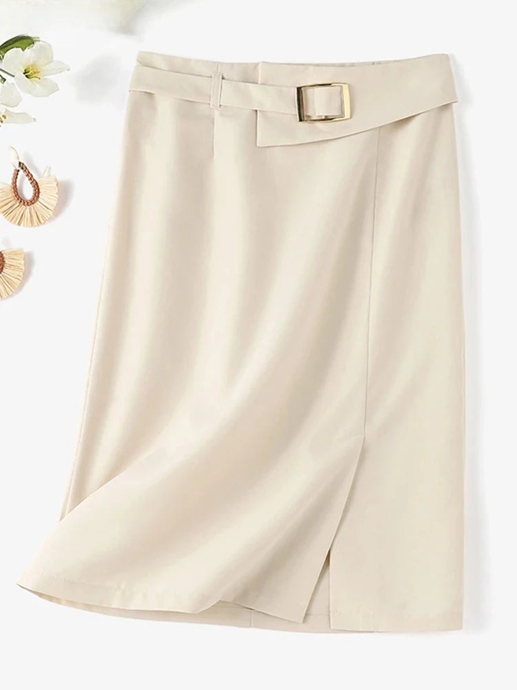 Fashion Work Slim Skirt Woman Vintage Zipper Pencil Midi Skirts Elegant OL Button Overskirts Female Autumn Solid Dresses