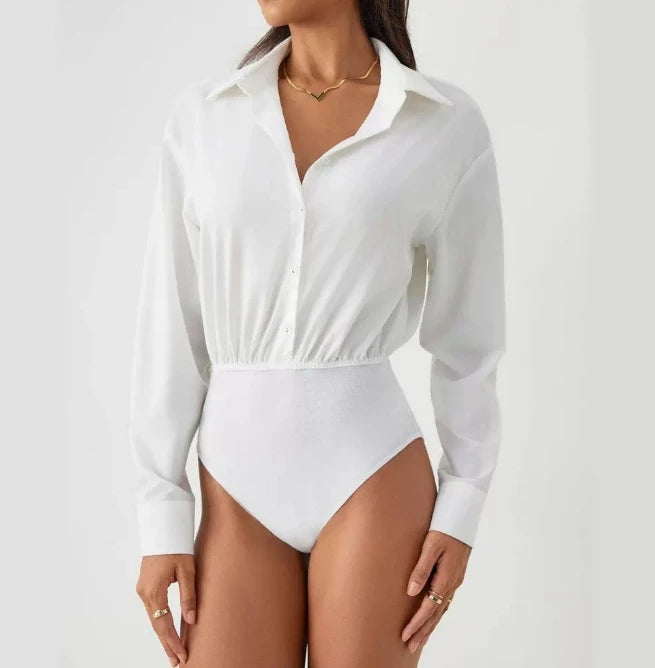 Sexy White Bodysuits Fashion Mature Women's Lapel Shirt Casual Single Breasted Long Sleeved Sexy Versatile Women's Bodysuits