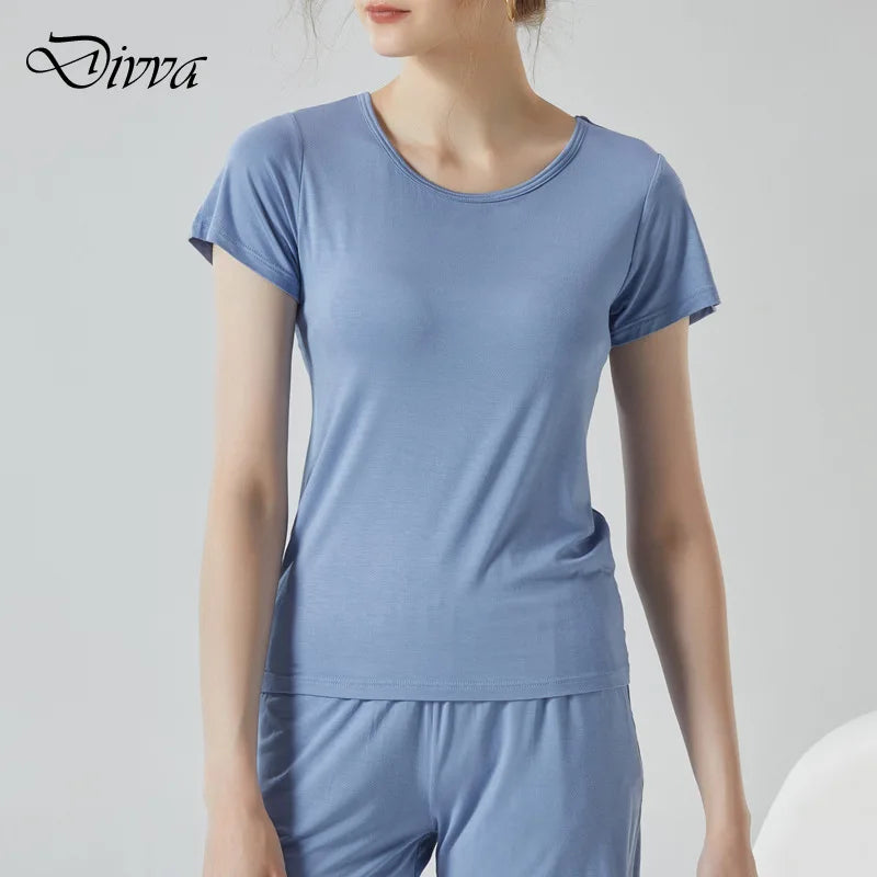 Women's T-Shirt with Chest Pad Tops  One-Piece Bra Cup Slim T Shirt Female Summer Top Bottoming Shirts Home Wear Women Pajamas